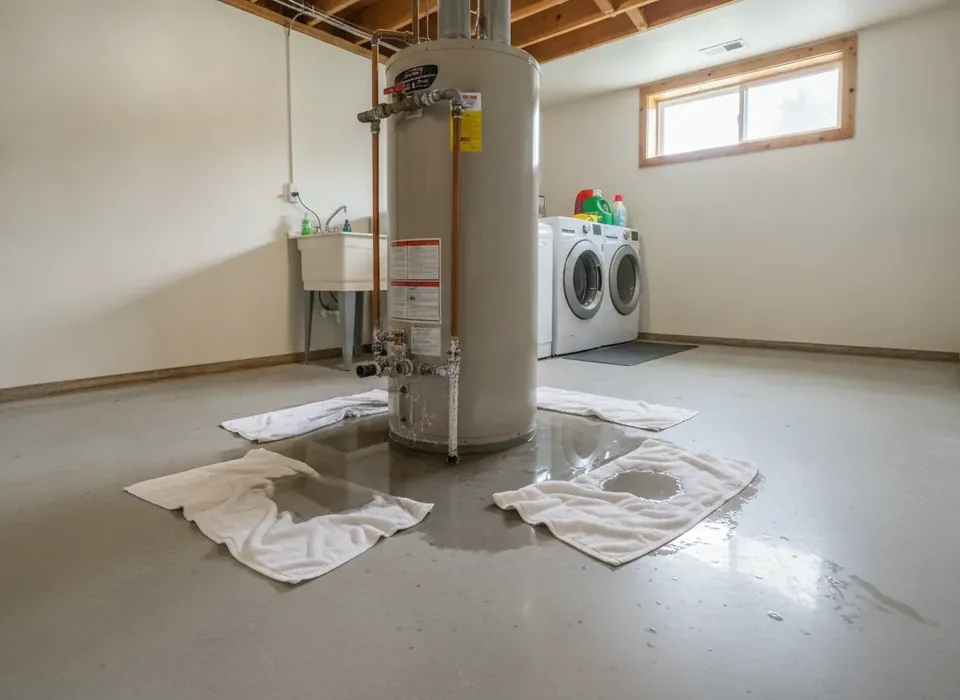 Water pooling from a leaking water heater with scale buildup