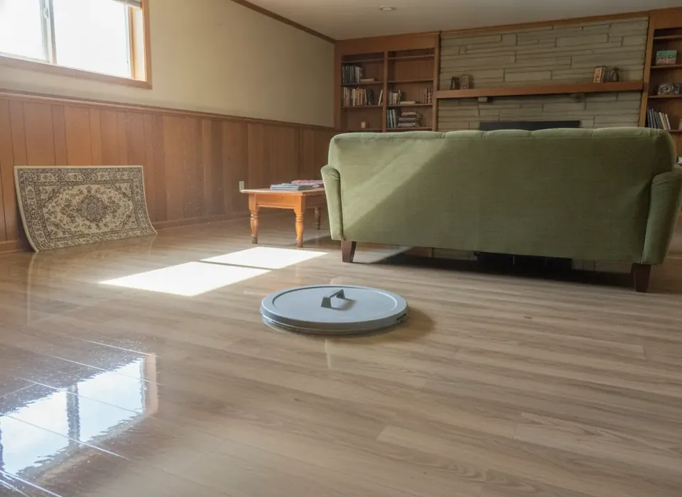 Standing water across a finished basement floor