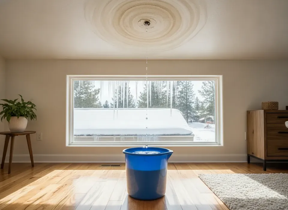Water-stained ceiling dripping below an ice dam