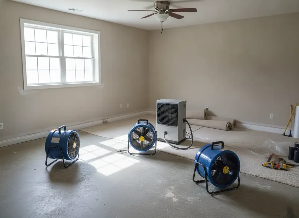 Air movers and a dehumidifier drying a basement